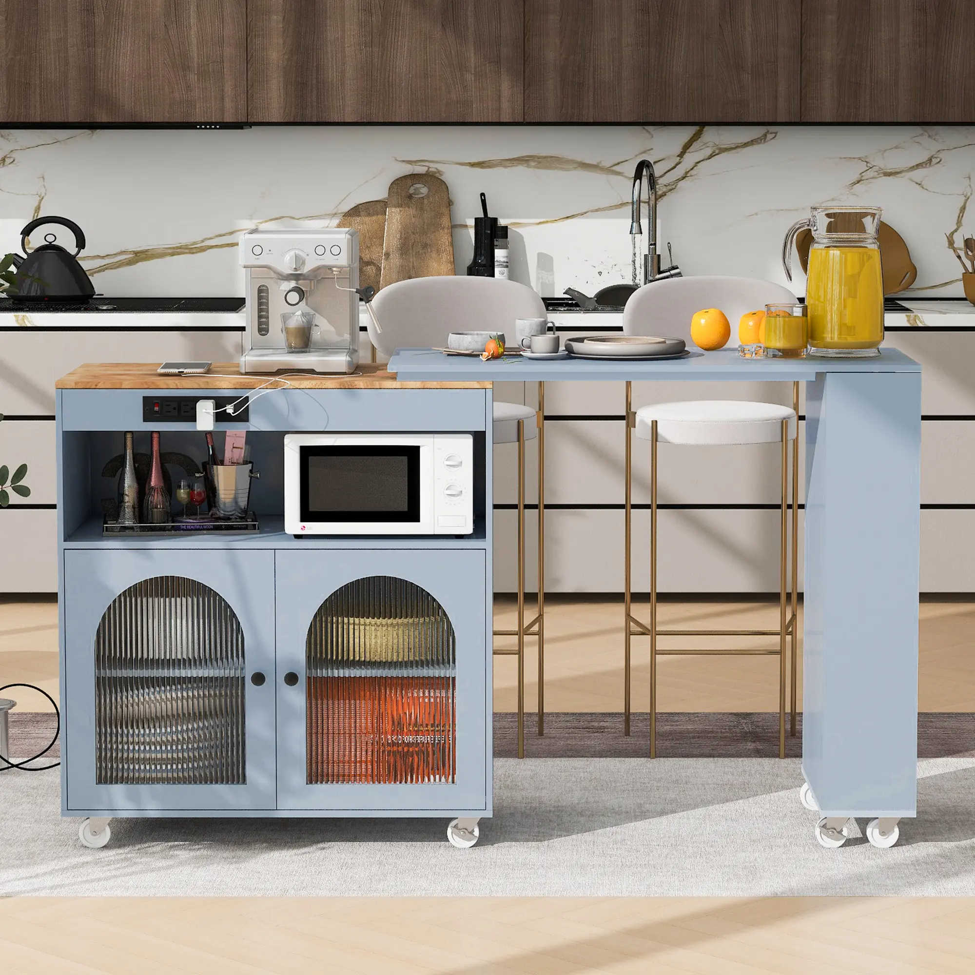 ARCH Rolling Kitchen Island with Extended Table on Wheels, LED Lights, Power Outlets, 2 Fluted Glass Doors, Storage Compartment, 3 Open Shelves, Grey Kitchen Cart with Drawers and Cabinet, Mobile Kitchen Island Workstation for Dining Room