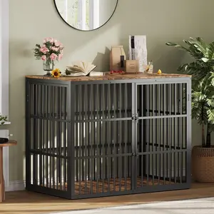 48" Dog Crate Furniture, 3-in-1 Dog Kennel with 3 Lockable Doors & Heavy Duty Metal Frame & Wooden Panels, XXL Crate End Table for Medium to Large Breeds