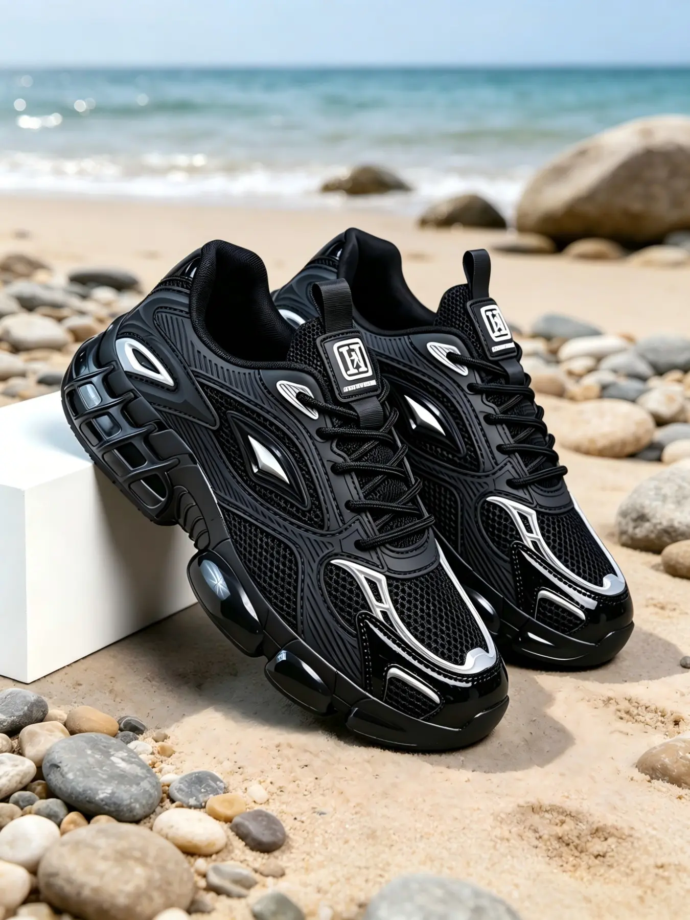 Men's Reflective Line Thick Sole Dad Shoes, Breathable Mesh, Bubble Cushion, Night Safety, Outdoor Training, Outdoor Walking, Outdoor Sports Sneakers, Casual Sport Sneakers