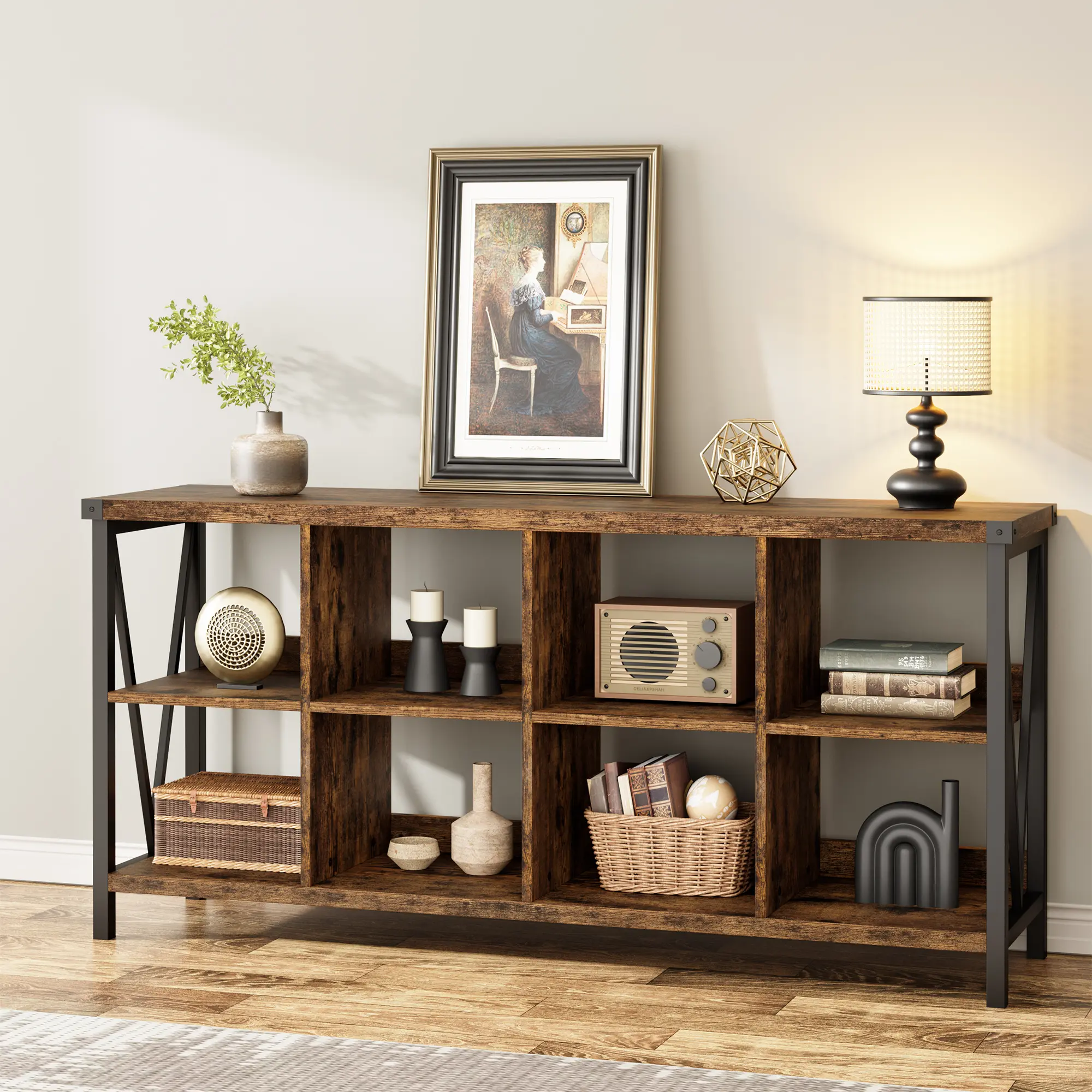 Cube Storage Bookcase 3 Tier Open Wood and Metal Frame 62 Inch Console Organizer for Living Room Entryway Bedroom and Home Office Heavy Duty Modern Display Stand
