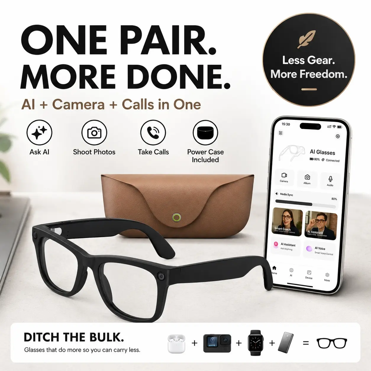 2026 Travel Essential AI Smart Glasses – 8MP HD Lens, 1080P Stabilized POV Video, Real-Time Translation, Voice Control, Bluetooth Calling, Portable Charging Case | Outdoor Wearable Tech