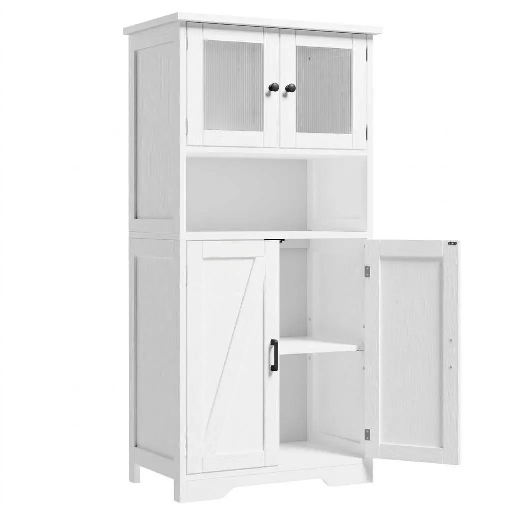 Modern Freestanding Wood Bathroom Cabinet - Slim Linen Storage Cupboard with Glass Doors, Anti-Tip Device, 23.6"l x 11.8"w x 50.4"h, Adjustable Shelves, 1 Open Compartment, Assembly Required (White/Gray/Brown), Bathroom Storage Cabinet, Storage Organizati