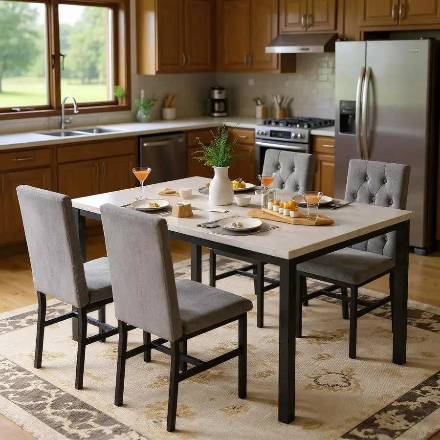 Modern Contemporary Style 5-Piece Dininng Room Table Set With 4 Uphosltered Dining Chairs, Faux Table Top And Robust Metal Frame Dining Table Set Of 5, Space-Saving Design Dinette Set Home Furniture Restaurant