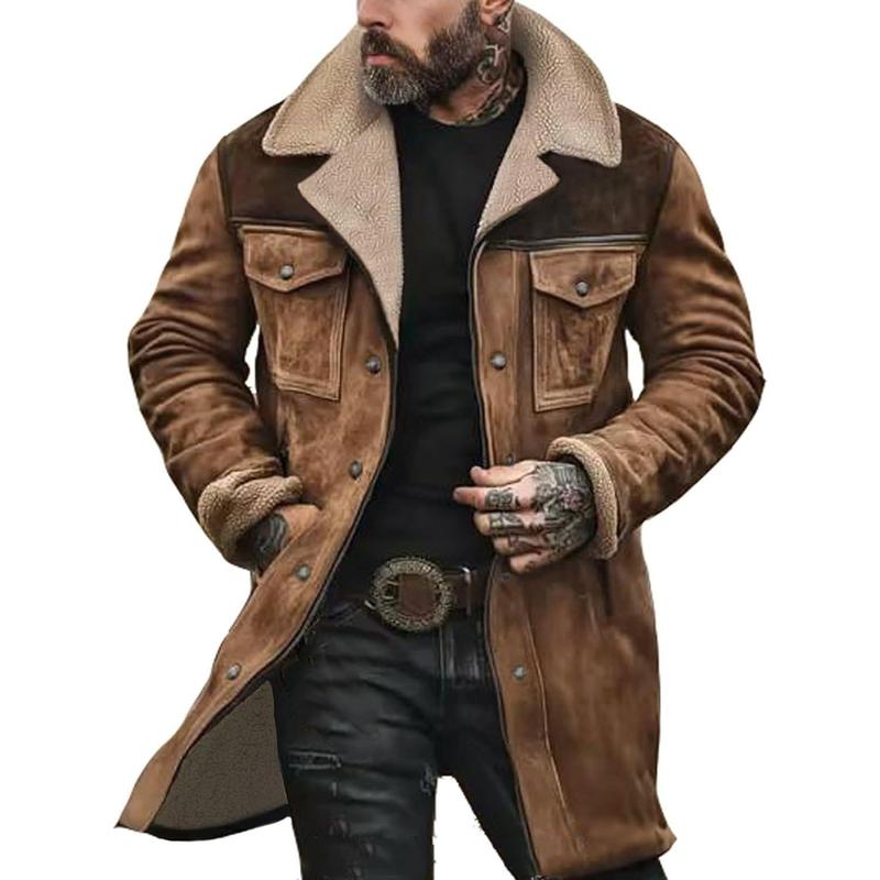 Mens Western Cowboy Jacket  Long Trench Coats Zip Up Plush Collar Cowboy Peacoat Retro Tops Casual Menswear Fathersdaygift Soft Fleece Hoodie jacket western clothing jackets letterman ffa jacket western clothing
