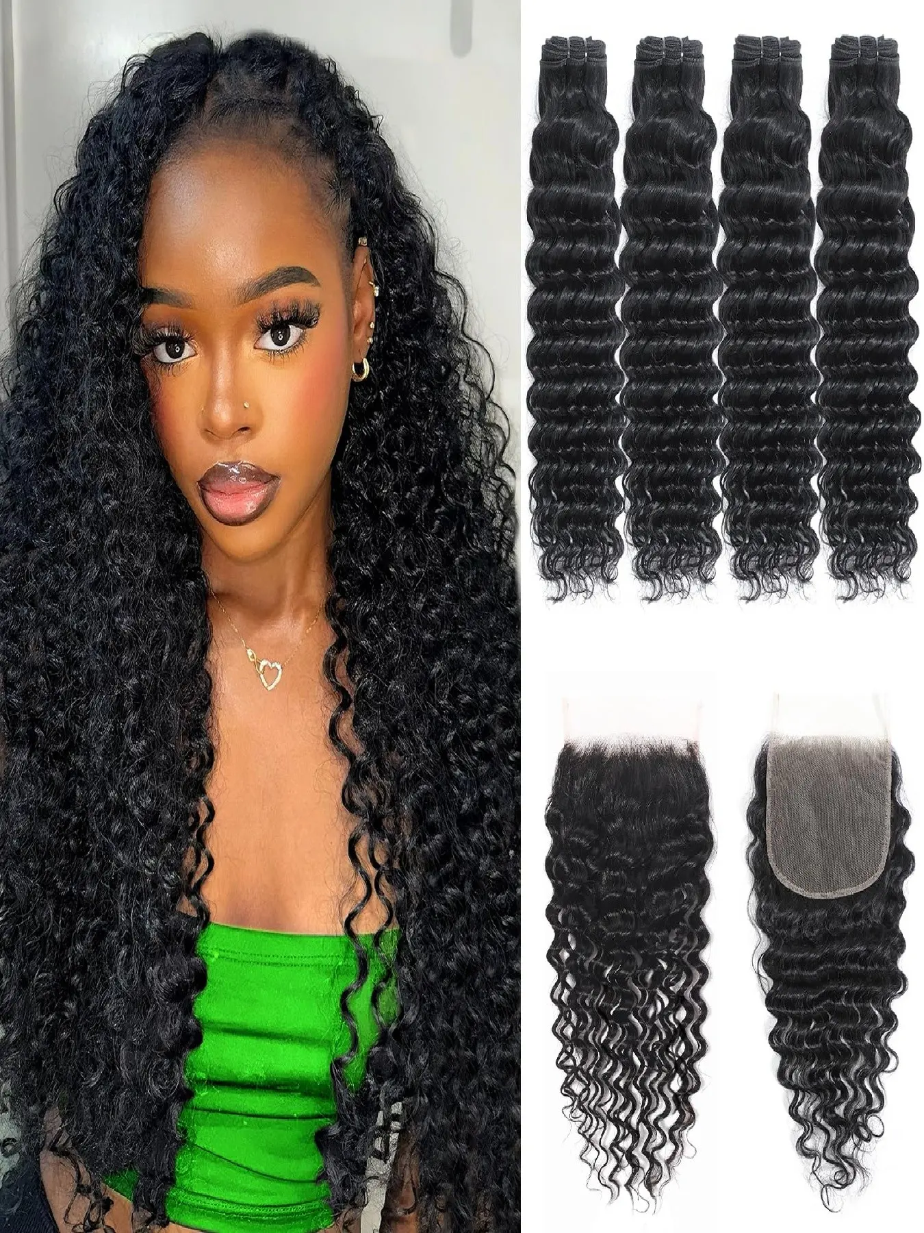 10A Real Human Hair Bundles 4 Bundles With Closure  Deep Wave Bundles Human Hair With 5X5 Closure  Brazilian  Wet and Wavy Water Wave Bundles Human Hair Natural Black