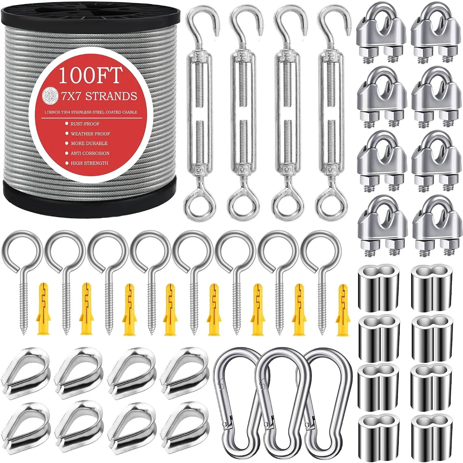 1/8" Wire Rope,100FT 304 Stinless Steel  with M5 Turnbuckle-Gardening,Aircraft,Picture , Clothesline Wire