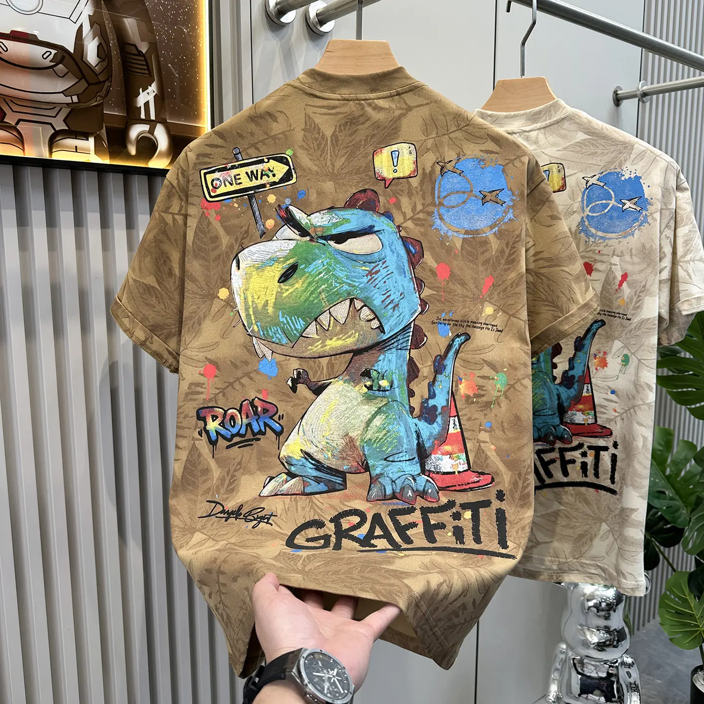 New Dinosaur Heavy Industry Painting Craft Embroidered Short Sleeve T-Shirt, Men's Summer Loose Casual Versatile Top