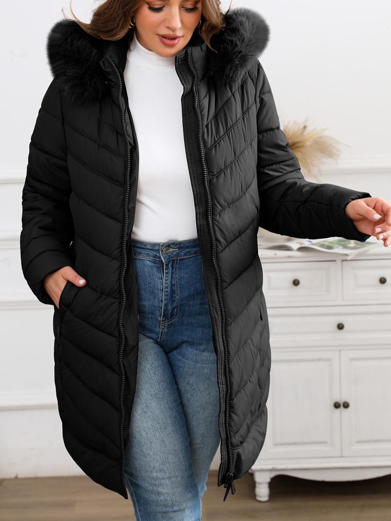 Women's Winter Elegant Simple Hooded Cotton Jacket, Mid-Length Fur Collar Zipper Pocket Coat, Commuter Casual Long Sleeve Outerwear