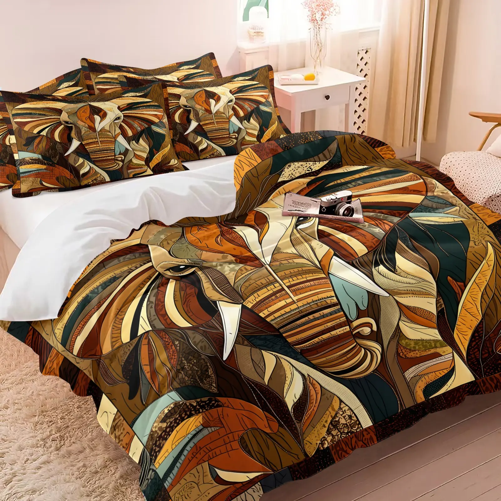 3PCS Vintage Geometric African Elephant Duvet Cover Set (1 Duvet Cover + 1-2 Pillowcases), Boho Tribal Warm Earth Tone Animal Art HD Digital Print, Soft Cozy Skin-Friendly All Seasons Bedding, Perfect for Safari Wildlife Lover Bedroom Decor
