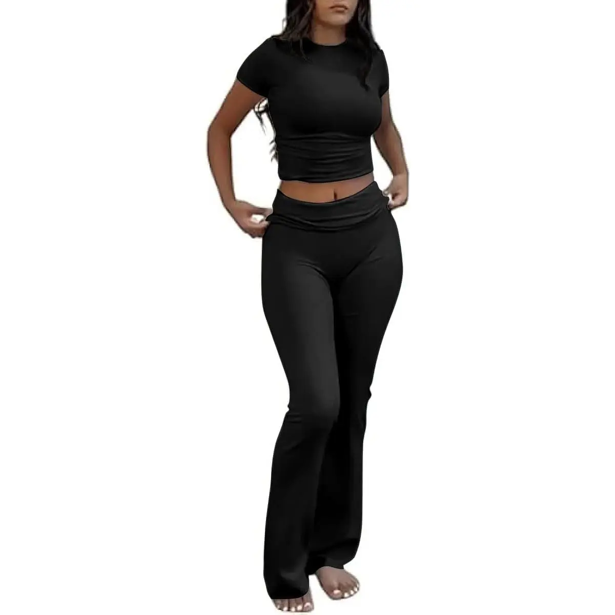 Two Piece Sets for Women Matching Lounge Set Short Sleeve Crop Top Fold Over Flare Pants Travel Outfits