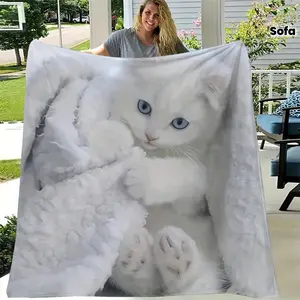 This comfortable, cute, tranquil, and sweet white flannel blanket with a cat animal pattern is stylish, soft, and warm, suitable for all seasons. It's perfect for sofas, beds, offices, and travel, and makes an ideal holiday and birthday gift for family an