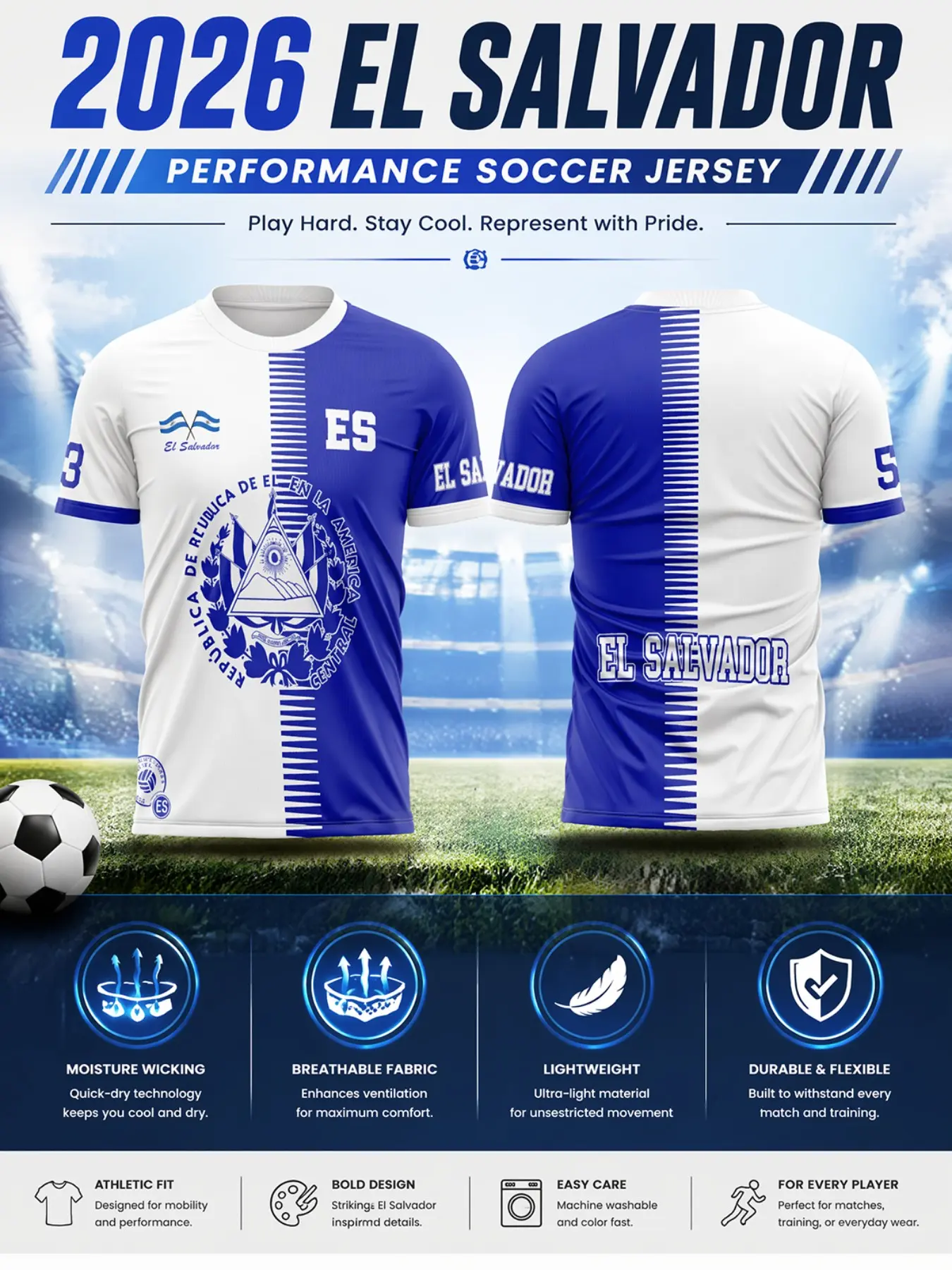 2026 Salvador Blue Split Vertical Stripe Football Training Gear, Futsal Jersey, Quick-Dry Sportswear, Breathable Mesh, Fitted Design, All-Season Use