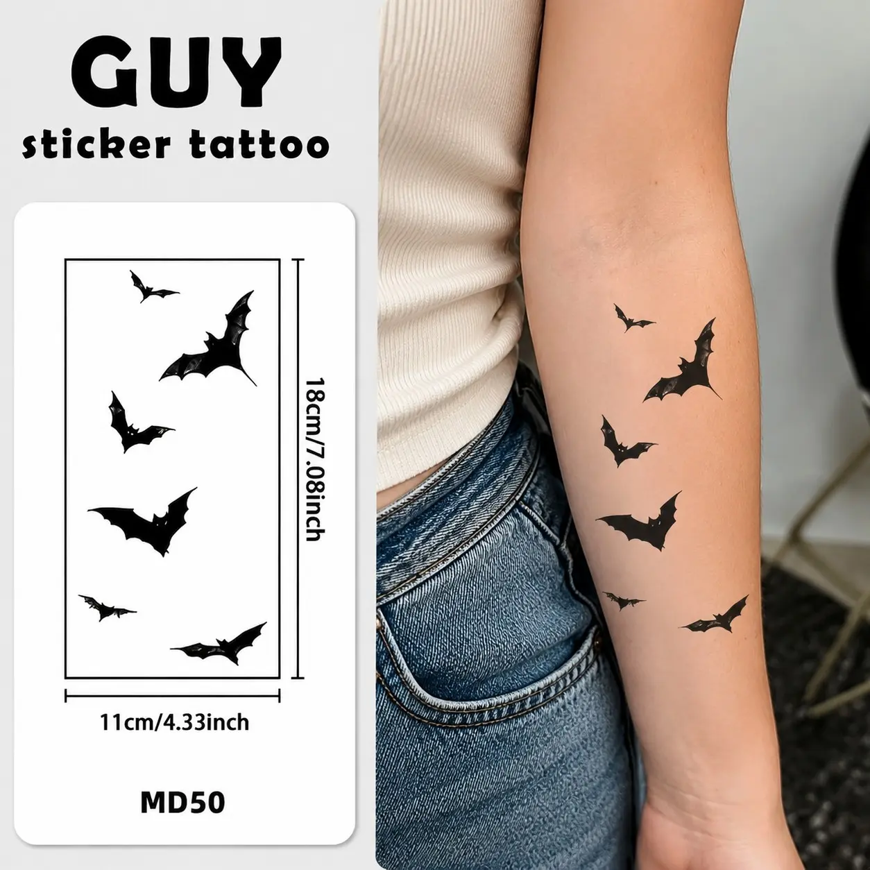 Dark Bat Tattoo Sticker, Waterproof Long-Lasting Halloween Design, Single Use Personalized Body Art, Arm & Leg Placement, Durable & Sweatproof