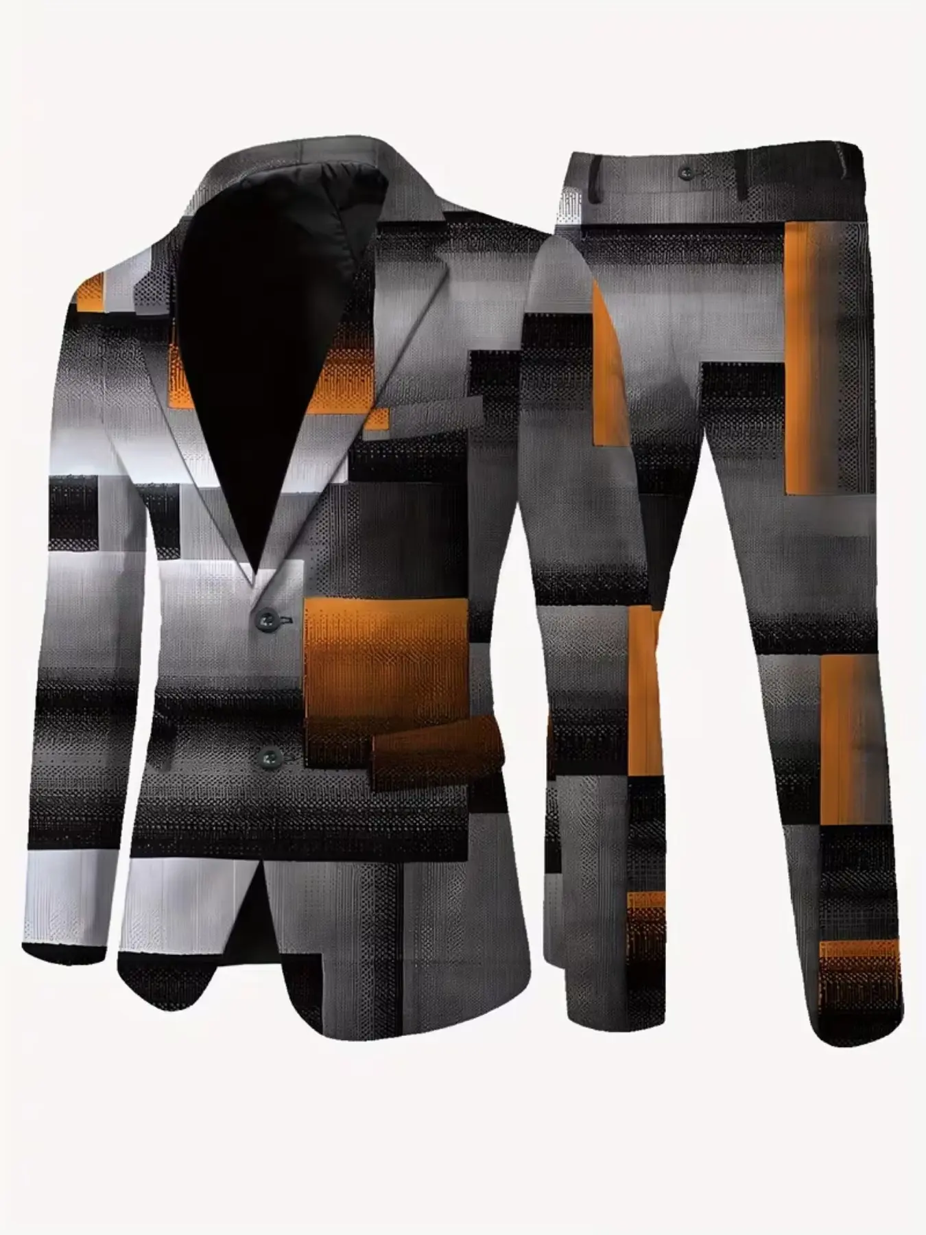 Men's Two-Piece Vintage Geometric Patchwork Print Blazer Set, Casual Long Sleeve Slim-Fit Pants, Perfect for Parties and Events