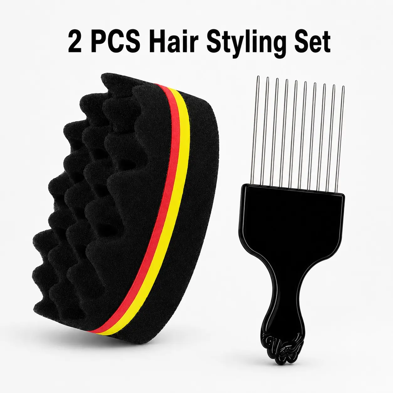 2PCS Twist Sponge & Afro Pick Comb Set, Hair Texture Comb, Hairstyling Comb, Curl Sponge Brush for Men, Comb for Curly Hair, Natural Hair Styling Tool for Defined Curls, Coils, Dreadlocks & Volume