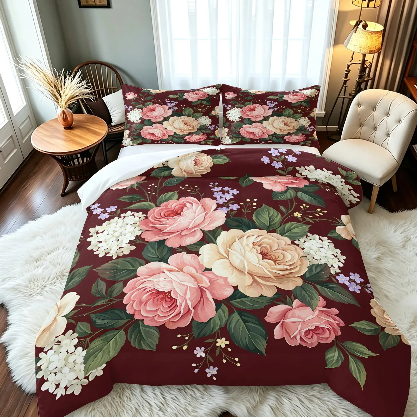 Vintage Oil Painting Wine Large Rose Print Quilt Set, 1 Quilt + 2 Pillowcases, Soft Breathable, Digital Print, Ideal for Bedroom Dorm Home Use
