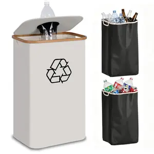 Recycling Bin 100L, 26 Gallon Recycle Bins for Kitchen Indoor Outdoor Home with 2 Removeable and Reusable Inner Bag, Tall Recycle bin for Bottle Can Plastice Stickers (Beige)