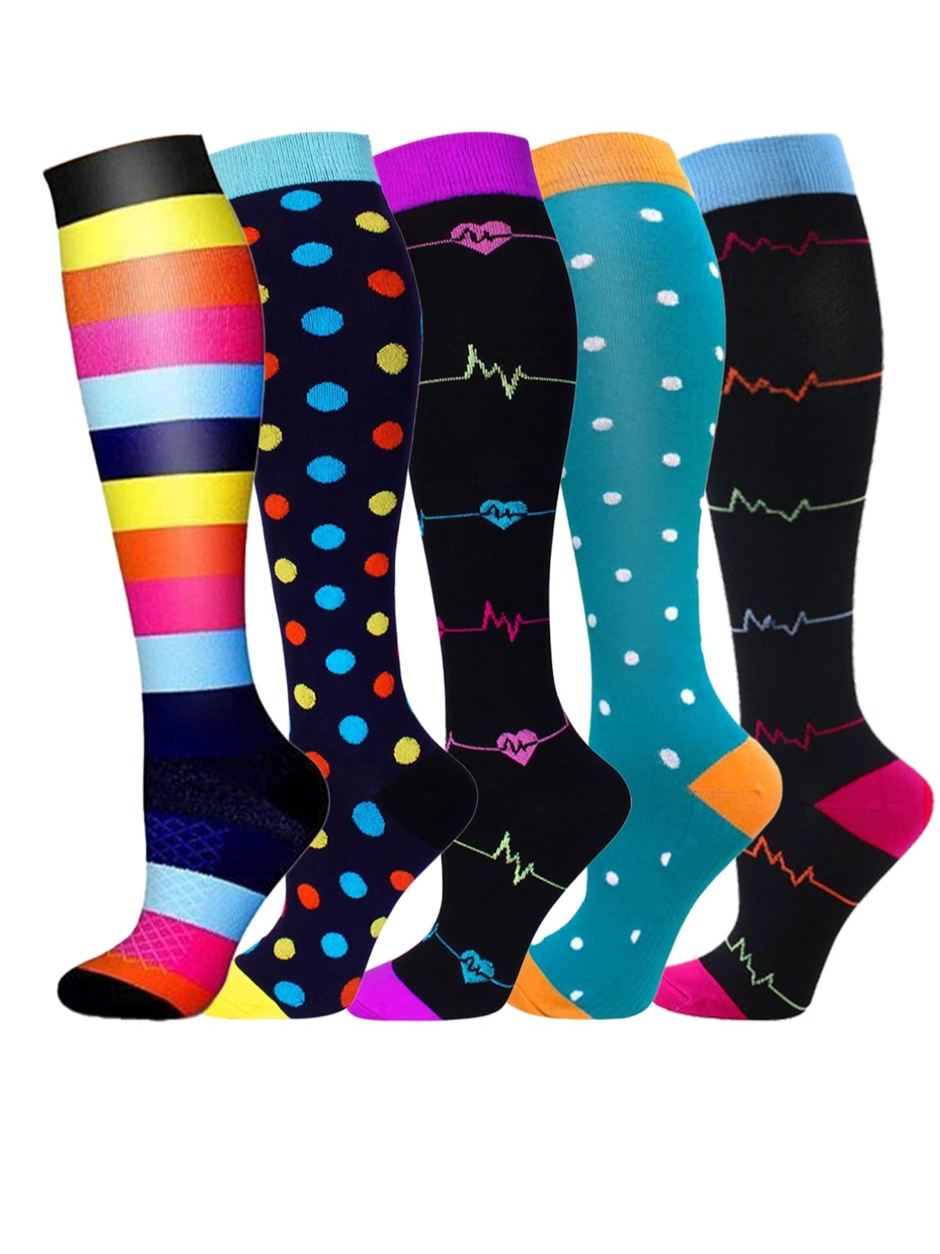 5 Pairs Of Men's and Women's Compression Socks Fit Wide Calf Men's and Women's Booster Socks for Circulation, Running, Nurses, Pregnant Women Support for Blood Circulation Various Colour Patterns Available, Casual Stylish Socks