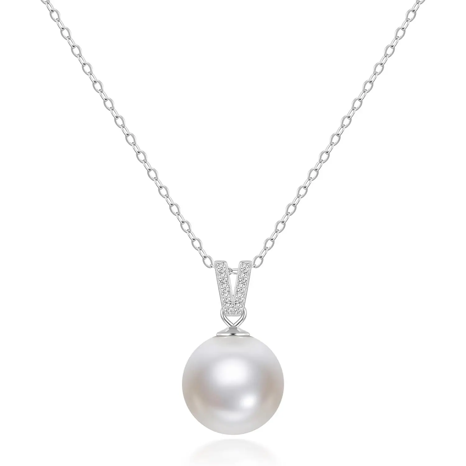 Pearl Necklaces for Women Trendy 925 Sterling Silver Dainty V CZ Pendant 10MM/12MM Single Simulated White Pearl Choker Necklace for Women Wedding Cute Jewelry