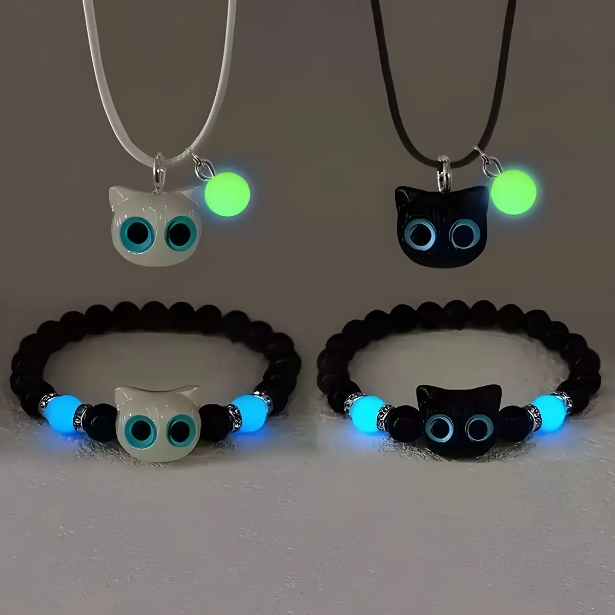 4-Piece Glow-In-The-Dark Handmade Chain and Necklace Set, Cute Owl Design, Perfect Gift for Friends, Women, Couples