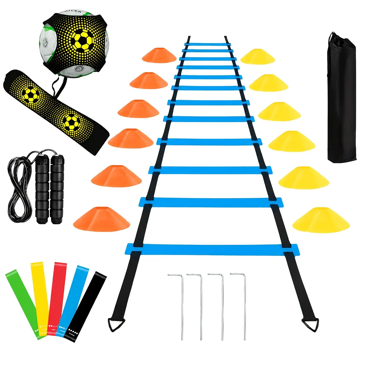 Agility Training Set, Soccer And Basketball Training Equipment, Including Agility Ladder, Ball Control Belt, Marking Discs, Ground Anchors, Resistance Bands, And Jump Rope. Agility Speed Footwork Training Set with Storage Bag