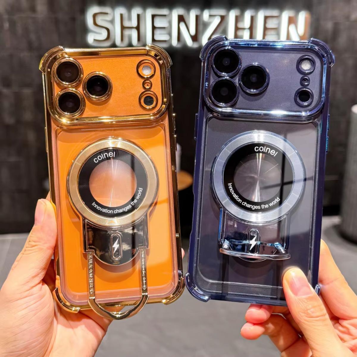 Plating Shockproof Magnetic Pulling Bracket Case For iPhone 17 16 15 14 Plus 13 Pro Max Air Clear Bumper Cover shockproof slim case