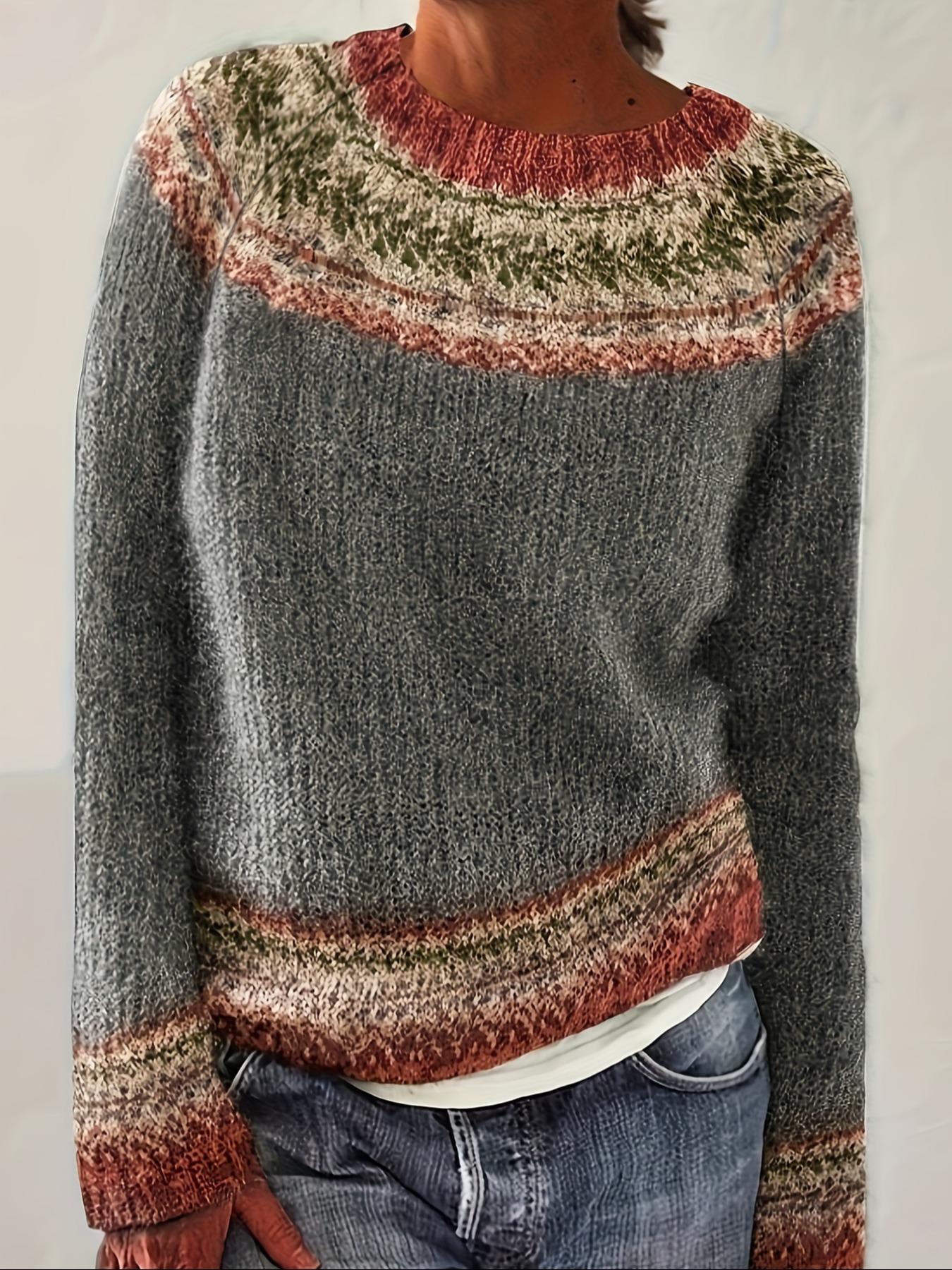 Women's Ethnic Pattern Raglan Sleeve Sweater, Casual Long Sleeve Round Neck Jumper for Fall & Winter, Fashion Ladies' Knitwear for Daily Wear Tops, Womenswear
