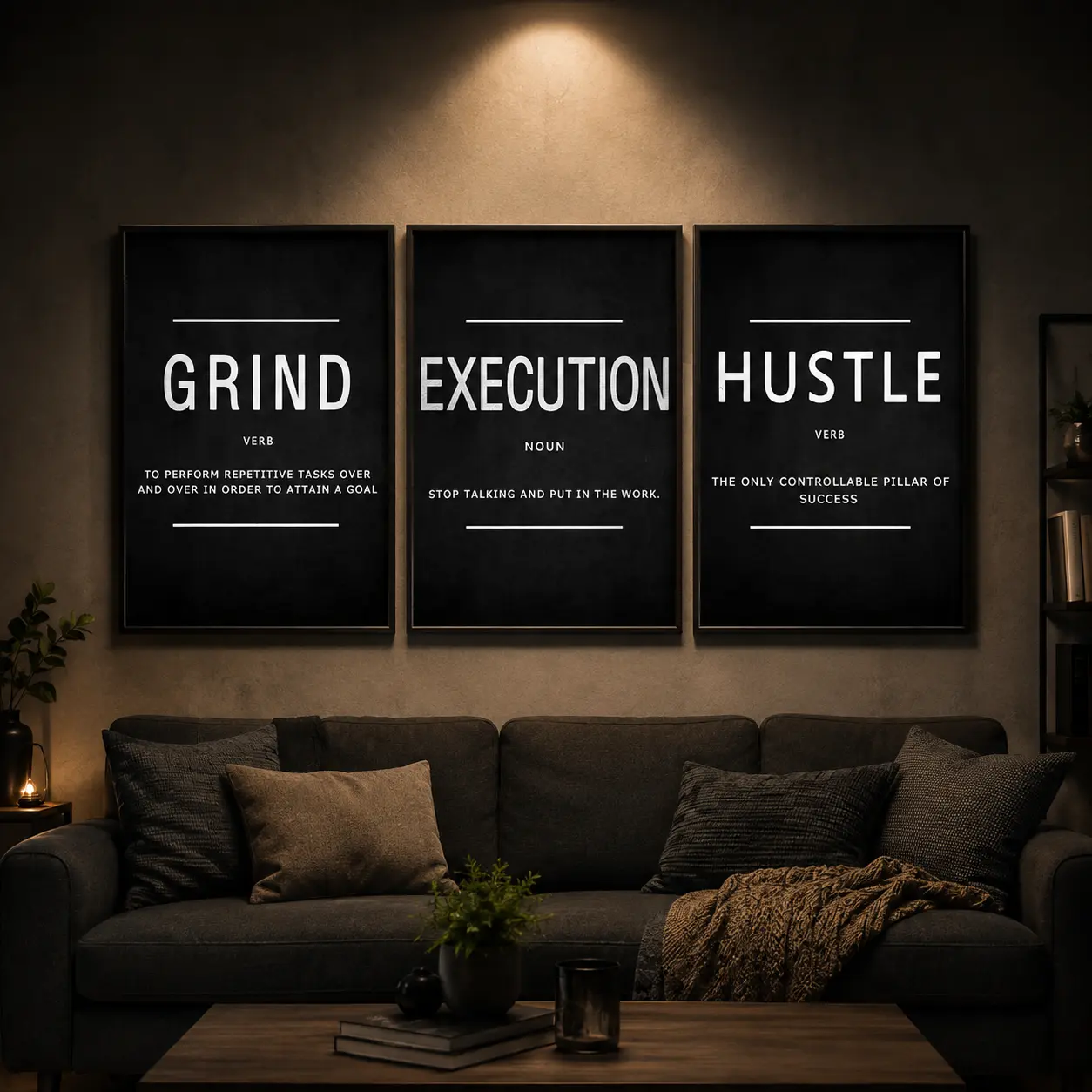 Canvas Wall Art, GRIND EXECUTION HUSTLE Modern Classic Art Deco Style, Waterproof & Odorless HD Print, Indoor Outdoor Home Decor for Living Room, Bedroom, Office, Motivational Wall Poster, Inspirational Gift for Friends, Family, Entrepreneurs Decor