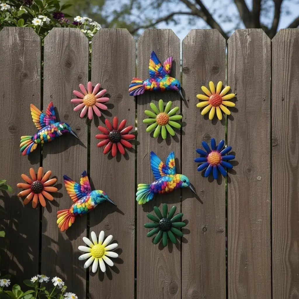12pcs Metal Hummingbird & Small Flower Wall Decor, Indoor Outdoor Garden Fence Decoration, American Country Style, Moving Gift