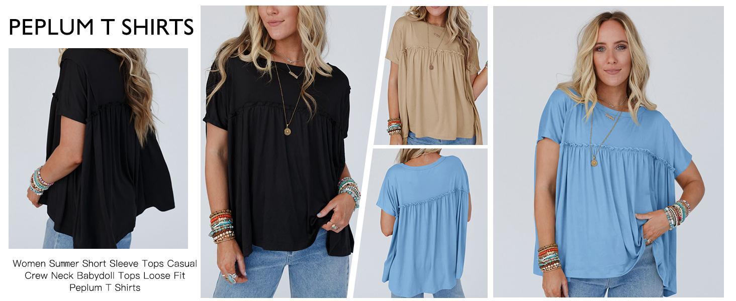 Womens Summer Babydoll Tunic Tops Pleated Short Sleeve Crew Neck Peplum T Shirts Casual Loose Fit Outfits Womenswear Blouse church outfit Breathable Chic Womens Summer Babydoll Tunic Tops Pleated Short Sleeve Crew Neck Peplum T Shirts Casual Loose Fit Outfits Womenswear Blouse church outfit Breathable Chic