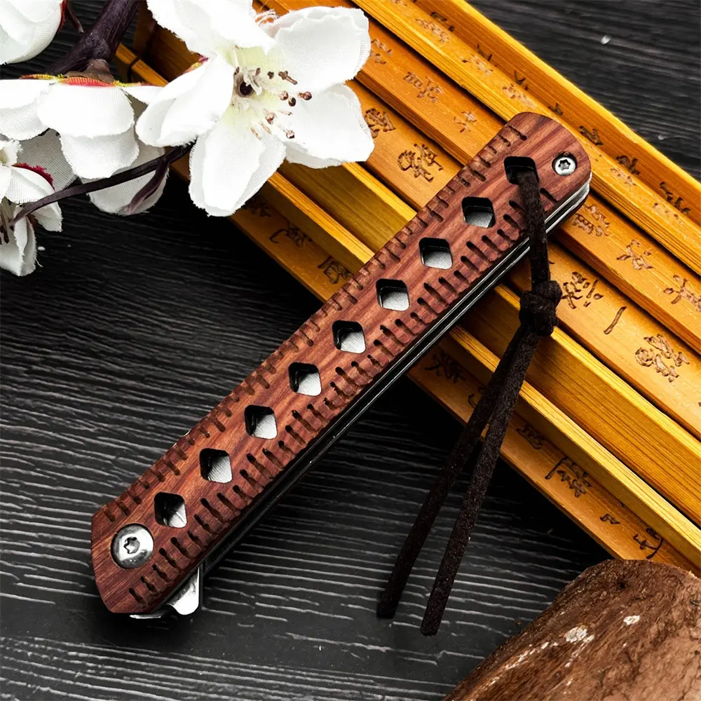New Jungle Hiking Folding Knife, Wooden Handle, Outdoor Climbing and Fishing Tool, Multi-Function, D2 Blade, Rosewood Handle