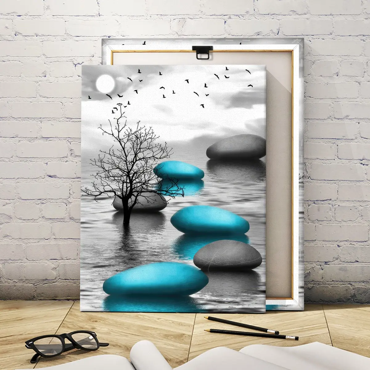Wooden Canvas Wall Art Poster, Modern Zen Lake Stone Tree Design, Waterproof Decorative Print, Ideal for Living Room & Office