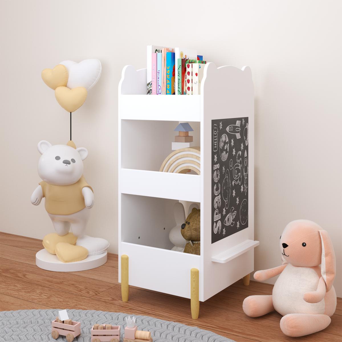 Kids Bookshelf with Chalkboard Side – Bear-Shaped Wooden Bookcase with 3-Tier Storage, Drawing Board for Toddlers, Toy and Book Organizer for Playroom or Bedroom – White Kids Bookshelf with Chalkboard Side – Bear-Shaped Wooden Bookcase with 3-Tier Storage, Drawing Board for Toddlers, Toy and Book Organizer for Playroom or Bedroom – White