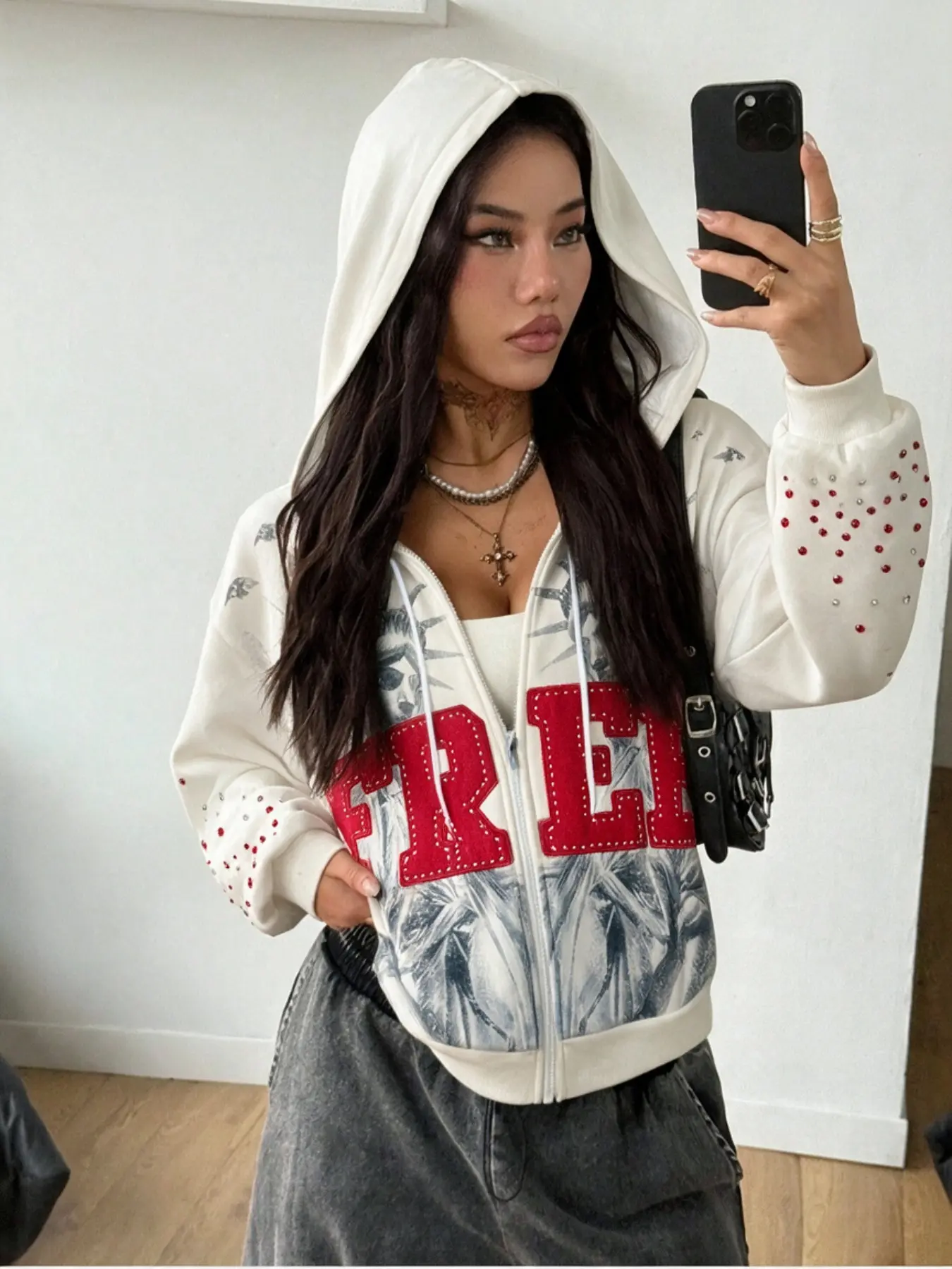 Women Statue of Liberty Free Patch Zip-Up Hoodie, Rhinestone Embellished Streetwear, Casual Loose-Fit Full-Zip Jacket for All Seasons