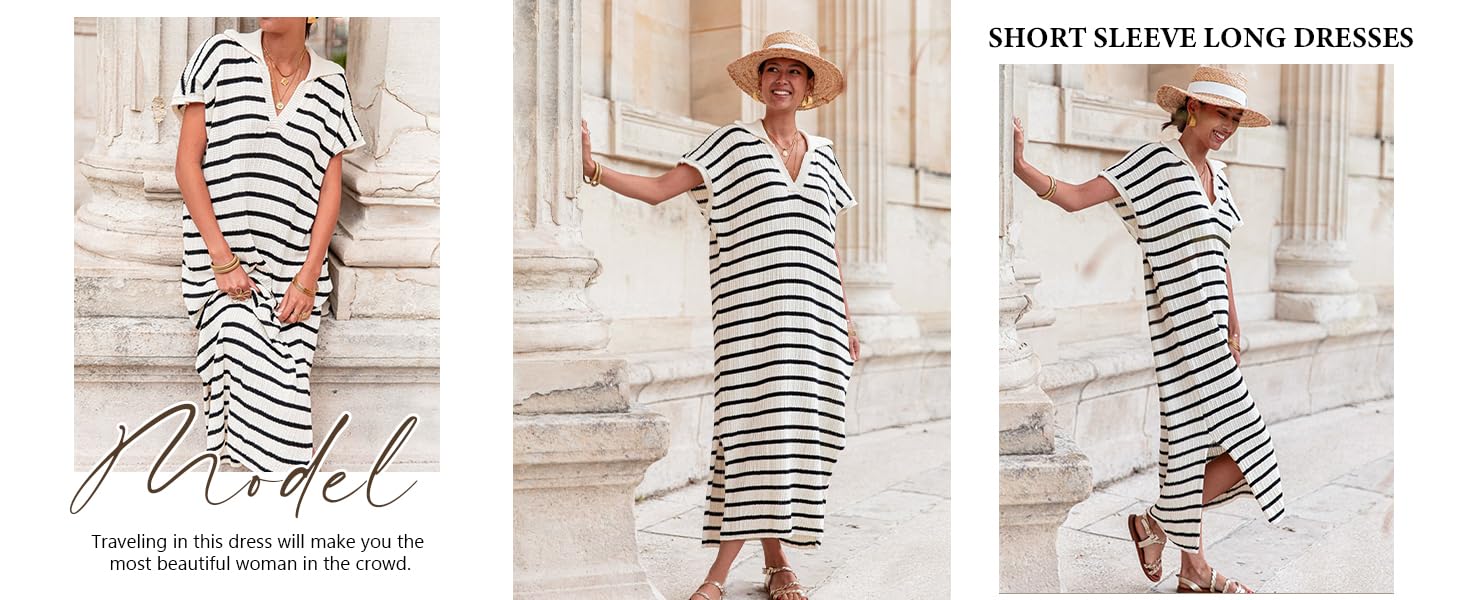 Imily Bela Womens Striped Summer Dresses Short Sleeve V Neck Knit Collared Sexy Slit Loose Maxi Sweater Dress SpringStatements