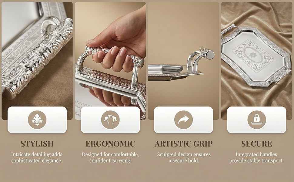 Binaural Tray Bread Plate Tray Stainless Steel Serving Plate Vintage European Style Metal Dessert Platter for Coffee Tea Cake Spaghetti Wedding Home Kitchen Restaurant, Antique Silver