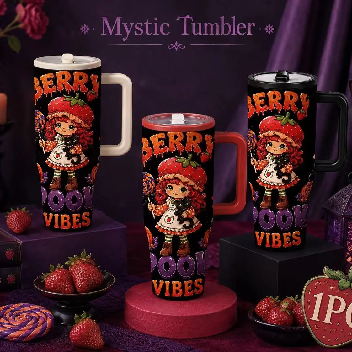 40oz Halloween Strawberry Girl Insulated Mug with Handle and Straw, Cute Berry Girl Printed Stainless Steel Travel Tumbler, Double Vacuum Insulated Cup with Lid, Car Cup Holder Compatible, Gift for Women Girls, School, Office, Halloween Christmas Birthday
