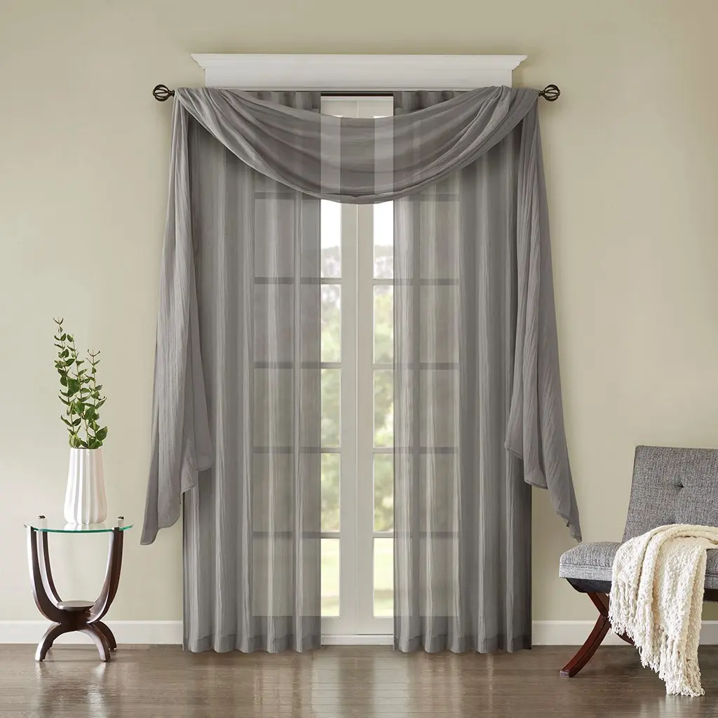 Nokaa Solid Crushed Sheer Scarf Curtain, Light Filtering Privacy Drape, Crushed Texture, Semi-Transparent, for Window or Shower, Single Panel, 54x84 Inches, Grey, Polyester, Home Decor
