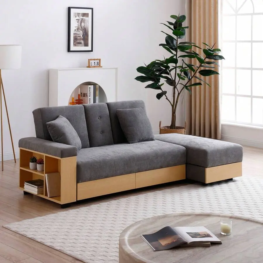 Convertible Sleeper Sofa Couch - Multifunctional Double Folding Upholstered Multi-Seat Sofa Bed with Storage Ottoman, Armrest Boxes, Drawers, Drop-Down Table with 2 Cup Holders for Living Room, Apartment