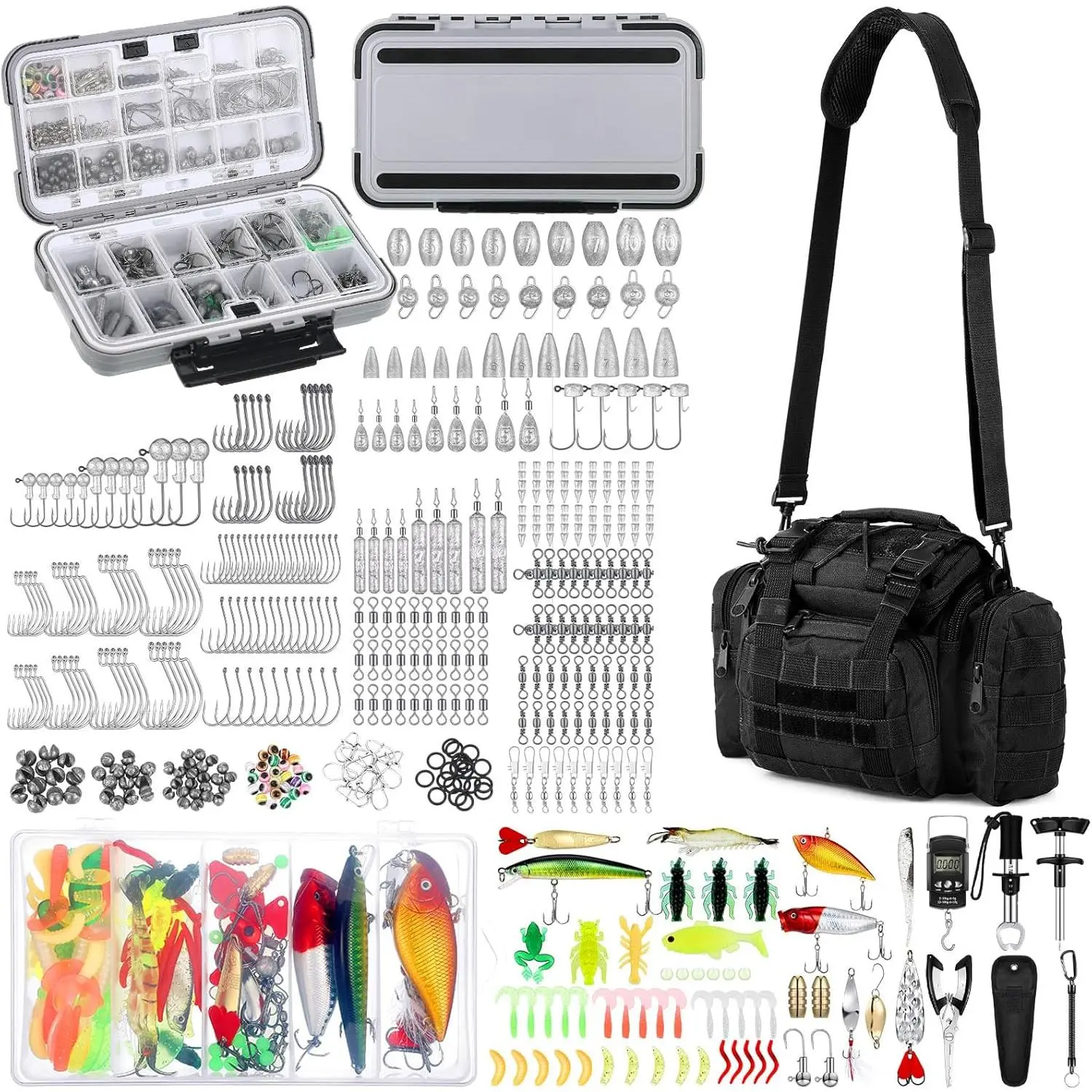 Men's Christmas Fishing Gear Set (482 Pcs) - Lightweight Sling Tackle Bag with Tackle Box, Fish Hook Remover, Lures, Lip Gripper & Gear Storage (Black)