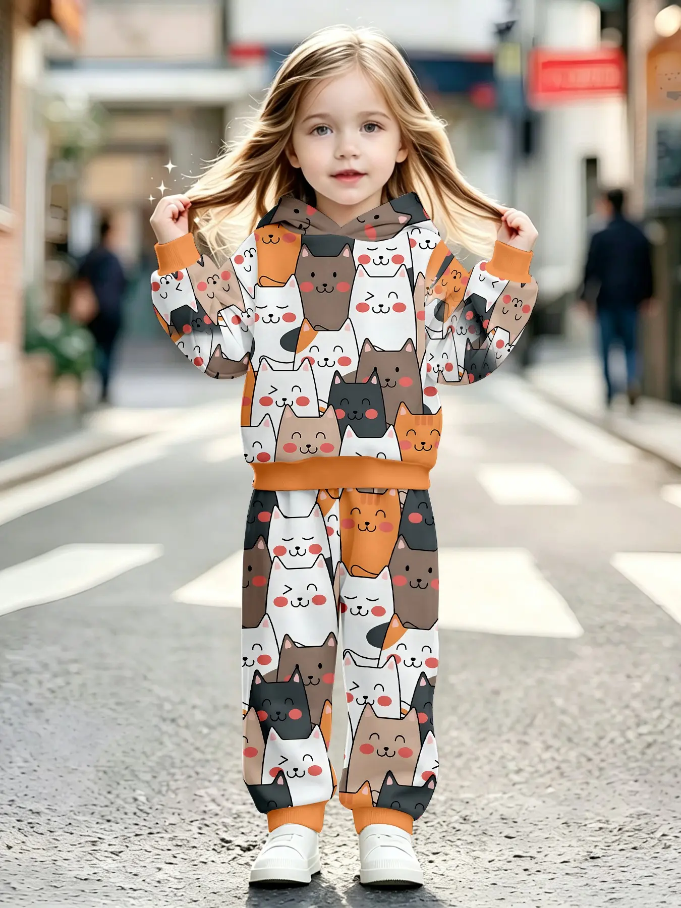 Full Color Cartoon Cat Print Sweatpants Set, Ribbed Hem, Unisex Kids' Long Sleeve Loose Fit, Fall & Winter Casual Suit