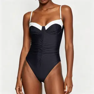 Women's Navy White Color Block Sweetheart Spaghetti Strap One Piece Swimsuit, Front Ruched Tummy Control High Cut Bathing Suit with Metal Detail Adjustable Straps, Soft Stretch Slim Fit Swimwear for Beach Pool Summer Vacation Resort Swim Outfit