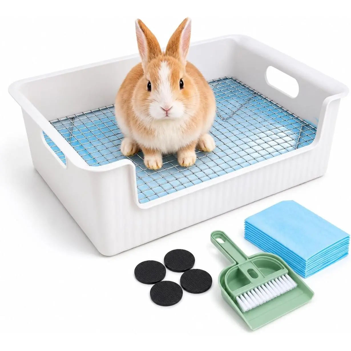Large Bunny Litter Box with Removable Stainless Steel Grate, PP Plastic Cage Toilet Tray, 10 Pee Pads, Cleaning Brush, and Non-Slip Feet, Removable Grate
