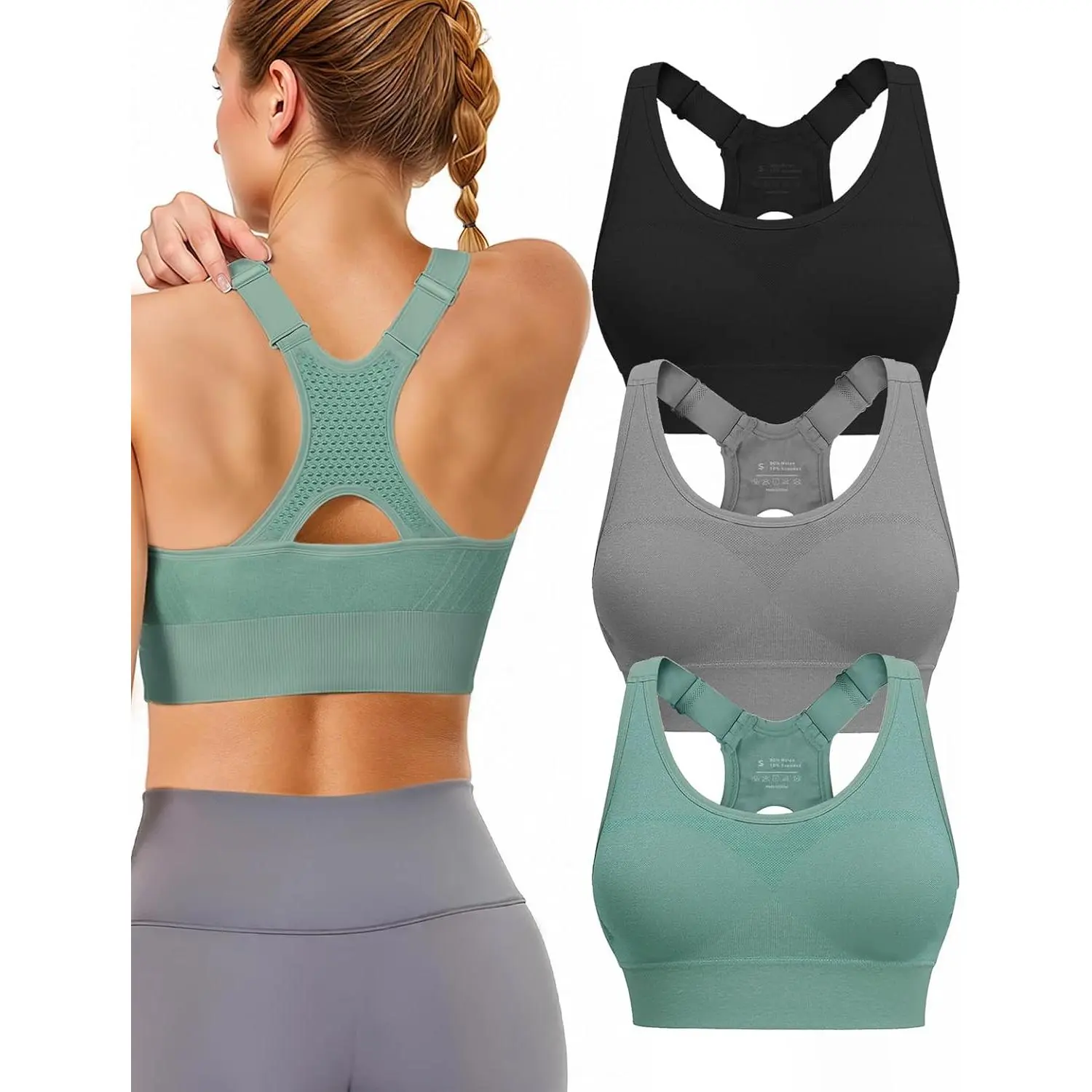 3 Pack Women’s High Support Racerback Sports Bra for Large Bust |   Adjustable Straps Padded Shock Absorber Workout Top |   Breathable Stretch Athletic Underwear for Running Gym Training