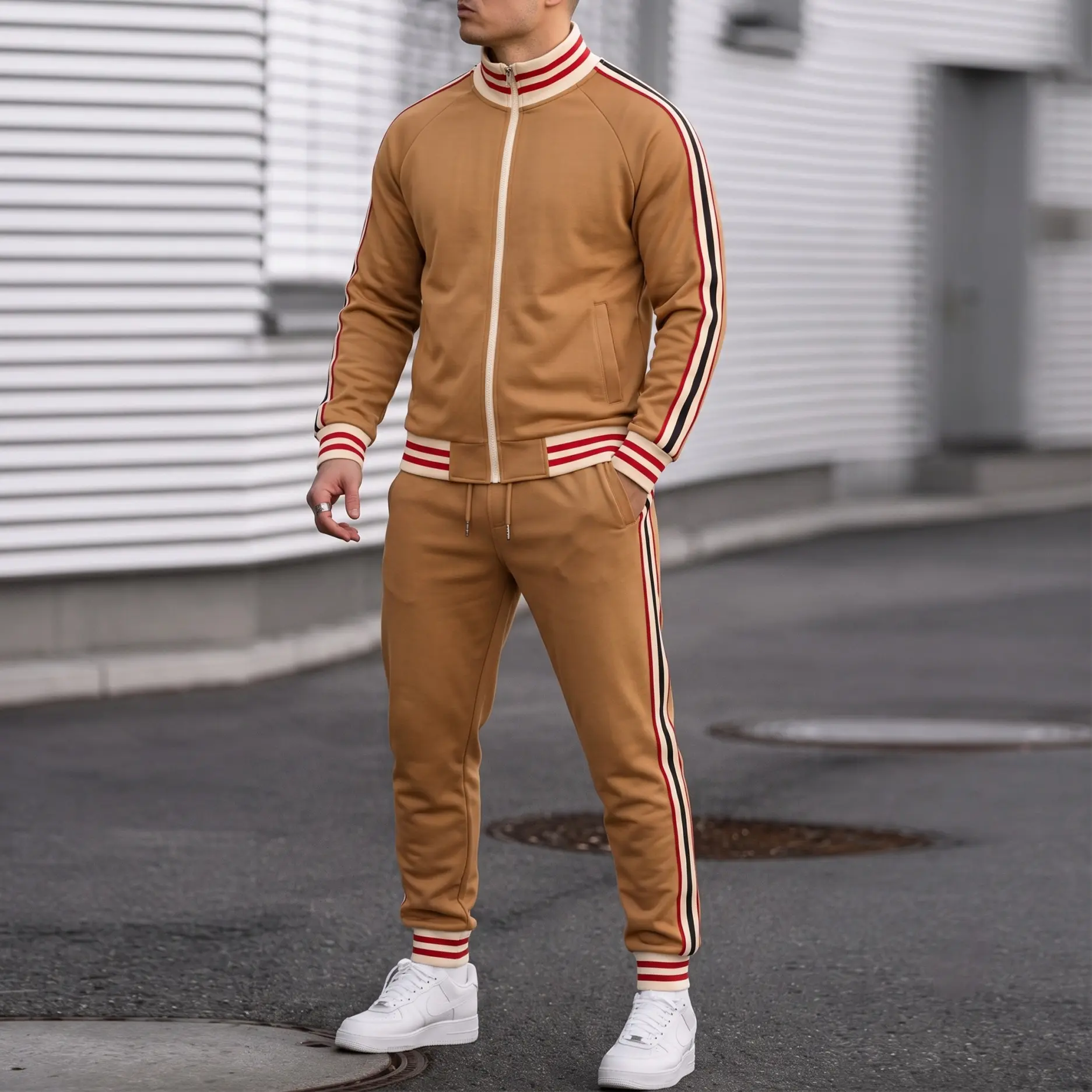 Men’s Retro Stripe Tracksuit Set, Zip Stand Collar Jacket and Drawstring Jogger Pants, Casual Athletic Two-Piece Outfit for Streetwear, Travel, Workout and Daily Wear