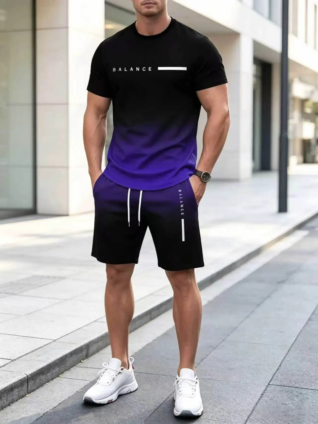 Men's Gradient Fitness Short Sleeve Set, Summer Trendy Athletic Sportswear Casual Two-Piece, Fitted Tee and Shorts, Regular Length, Athleisure Outfit, Athleisure Workout Set, Activewear Shorts Sets, Athleisure Summer Clothes