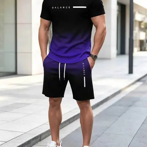 Men's Gradient Fitness Short Sleeve Set, Summer Trendy Athletic Sportswear Casual Two-Piece, Fitted Tee and Shorts, Regular Length, Athleisure Outfit, Athleisure Workout Set, Activewear Shorts Sets, Athleisure Summer Clothes