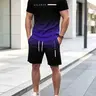 Men's Gradient Fitness Short Sleeve Set, Summer Trendy Athletic Sportswear Casual Two-Piece, Fitted Tee and Shorts, Regular Length, Athleisure Outfit, Athleisure Workout Set, Activewear Shorts Sets, Athleisure Summer Clothes