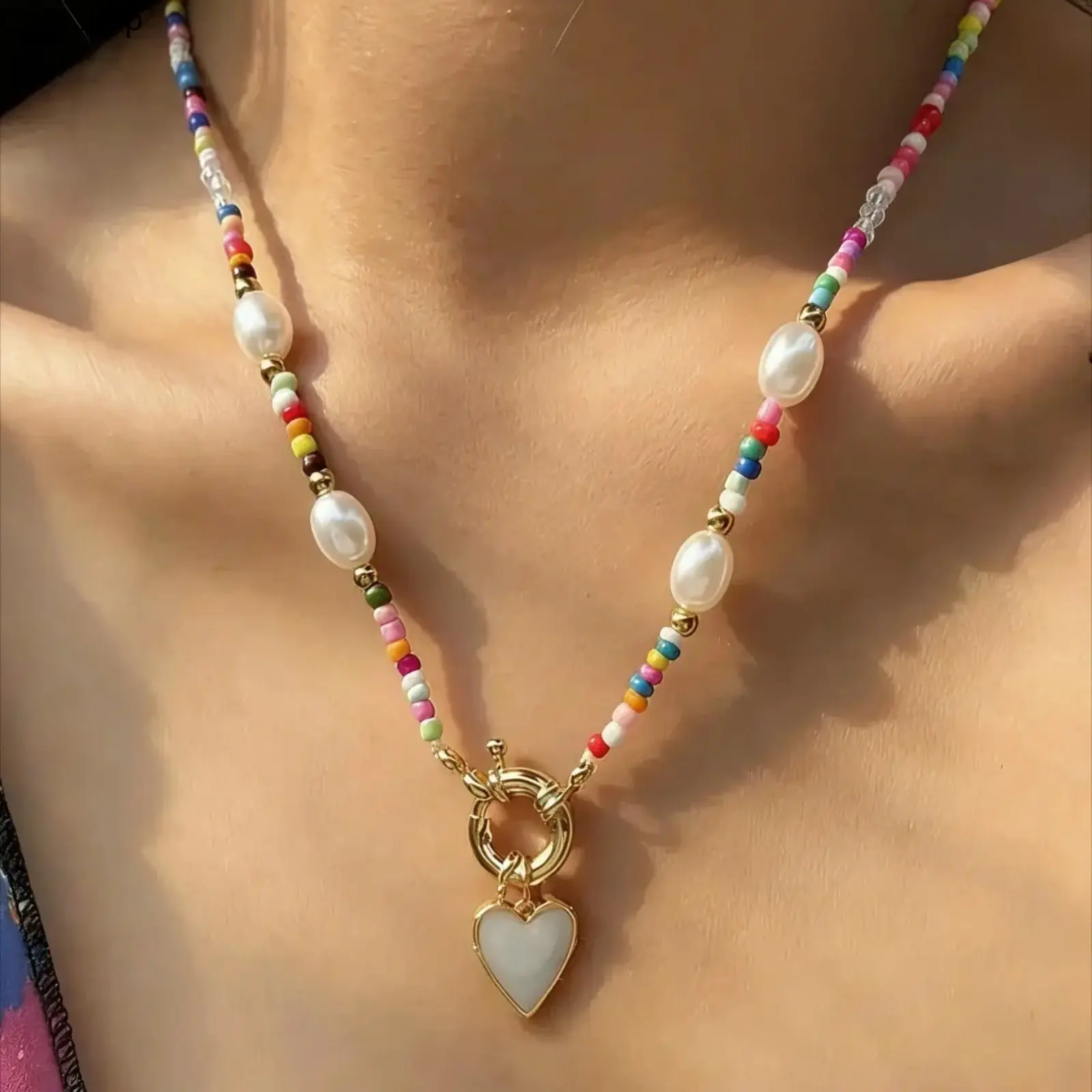 Bohemian Colorful Beaded Heart Pendant Necklace for Women, Simple Unique Party Vacation Daily Wear, Versatile Jewelry Accessory