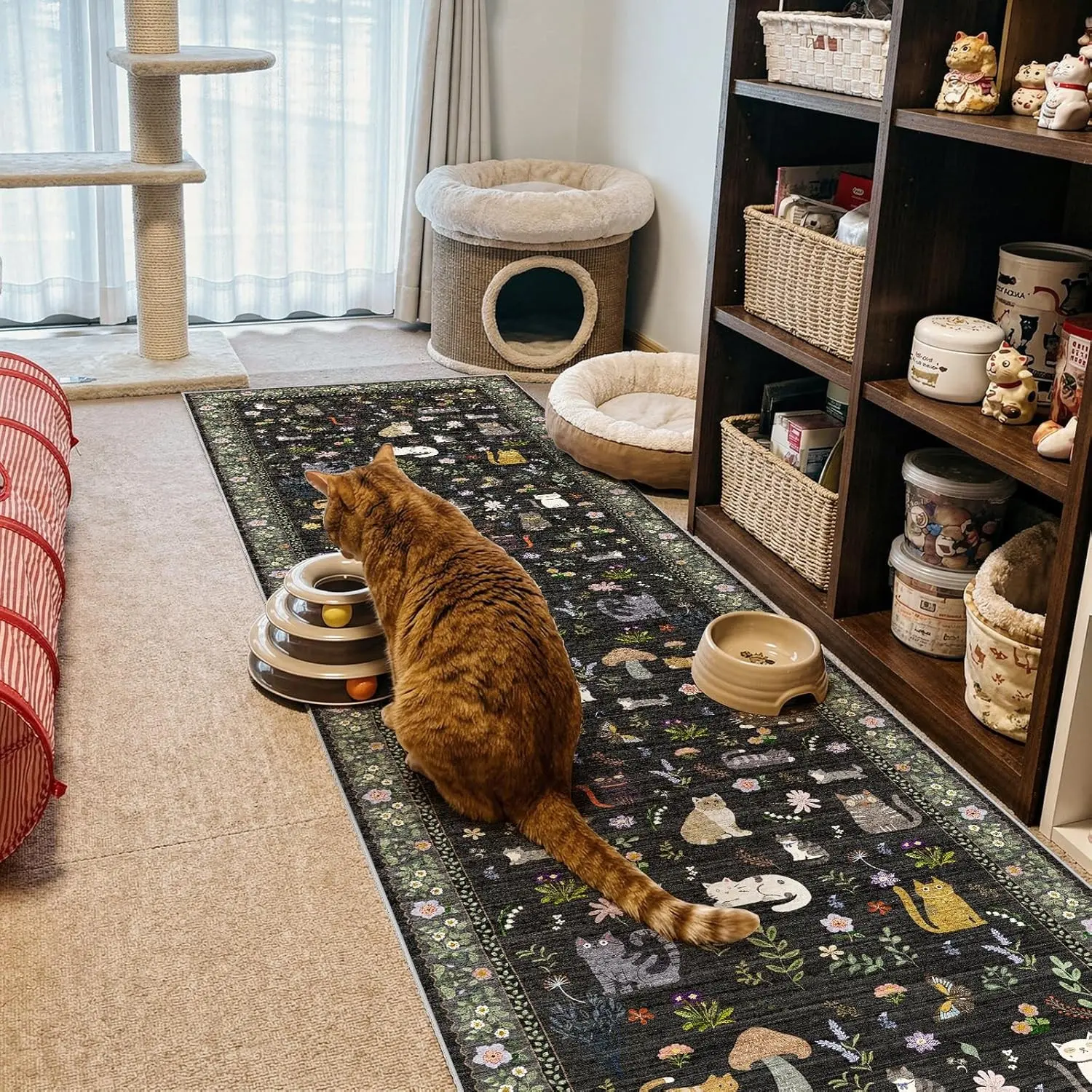 2x10 Washable Hallway Runner Rug - Non-Slip Soft Low Pile Cat Print with Rubber Backing Waterproof for Indoor Kitchen Entryway Bedroom Nursery Laundry Room, BlackGift